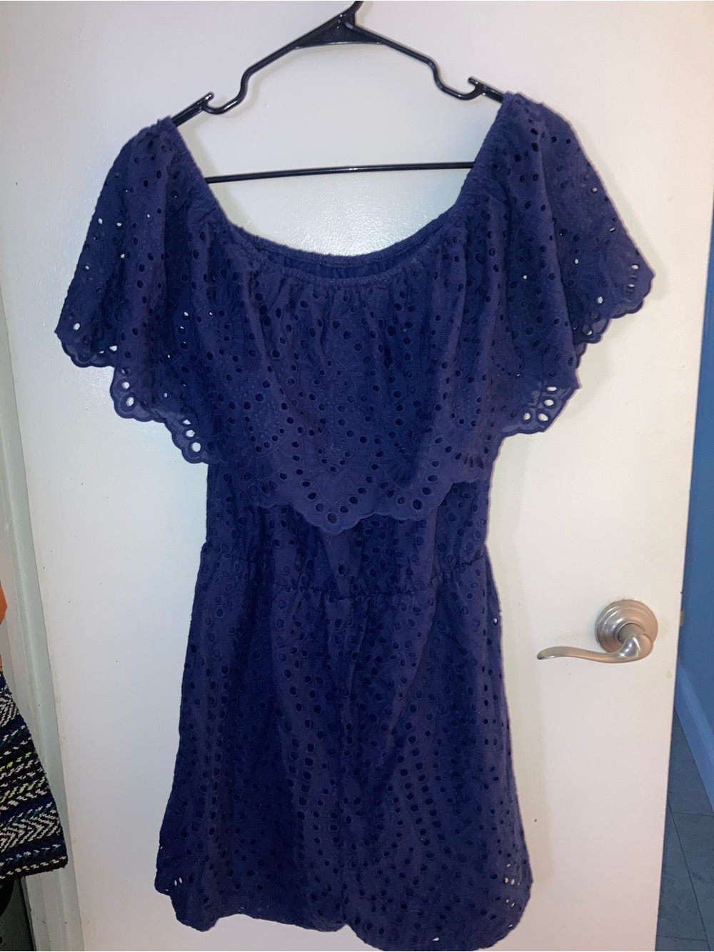 One-Shoulder Navy Eyelet Dress